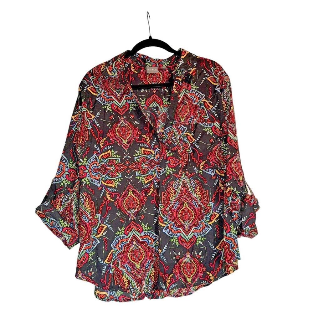 Soho Jeans Boho Paisley V-Neck Blouse XL Vibrant Festival Roll-Tab Top - Picture 2 of 9